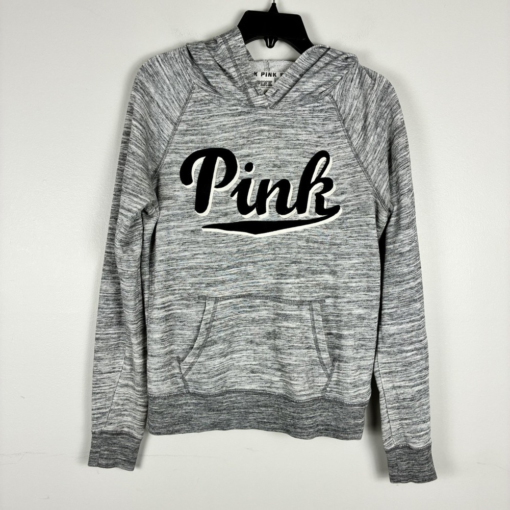 Y2K Retro VS PINK Hoodie Women's XS Gray Pullover Sweatshirt Cozy College Casual